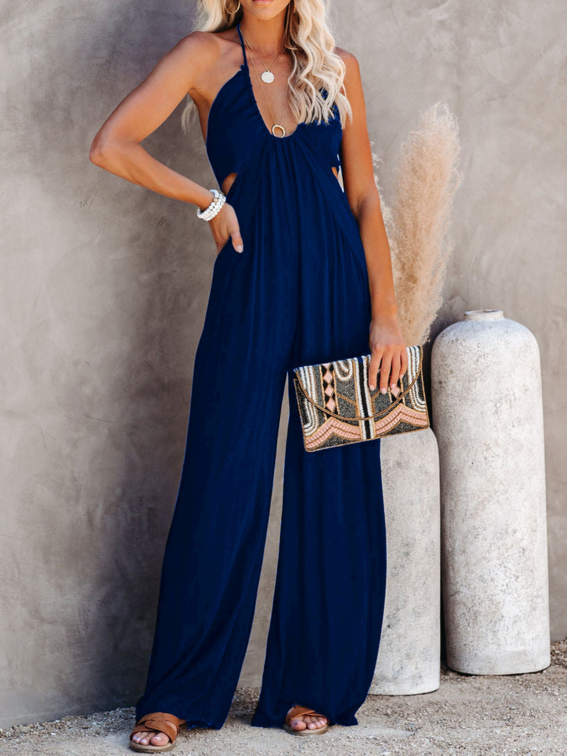 Halter Neck Wide Leg Jumpsuit Dark Blue