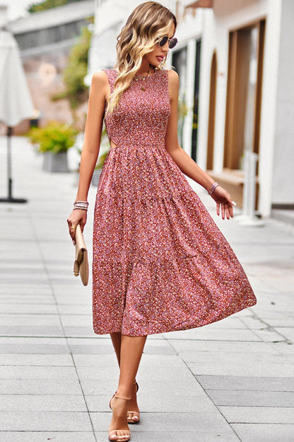 Printed Round Neck Slit Sleeveless Dress Rust