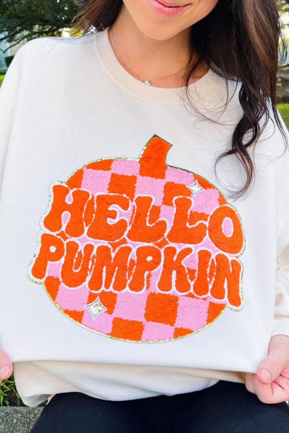 White Terry Halloween Pumpkin Patched Pattern Pullover Sweatshirt White 50%Polyester+50%Cotton