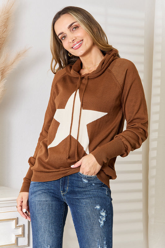 Heimish Full Size Star Graphic Hooded Sweater Brown