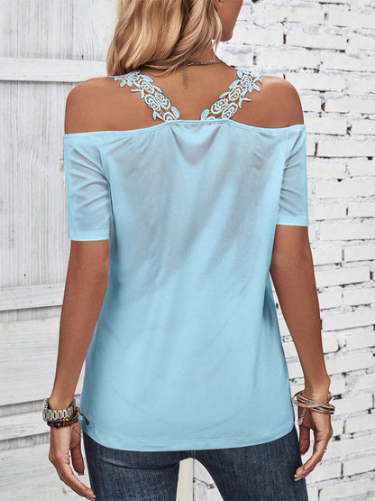 Full Size Lace Detail Short Sleeve T-Shirt Pastel Blue