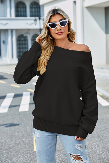 Long Sleeve Ribbed Trim Sweater Black