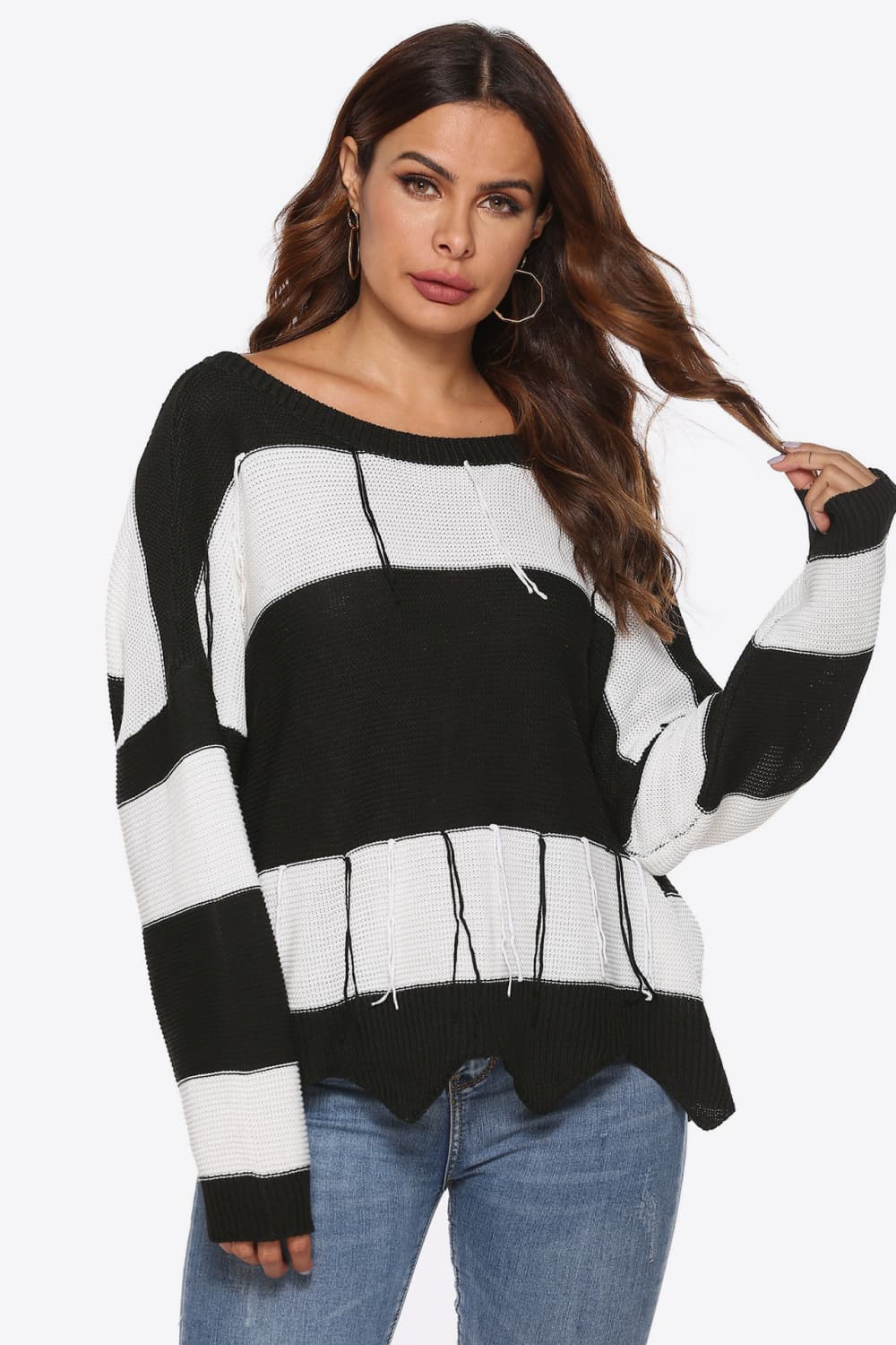 Color Block Backless Long Sleeve Sweater Stripe One Size