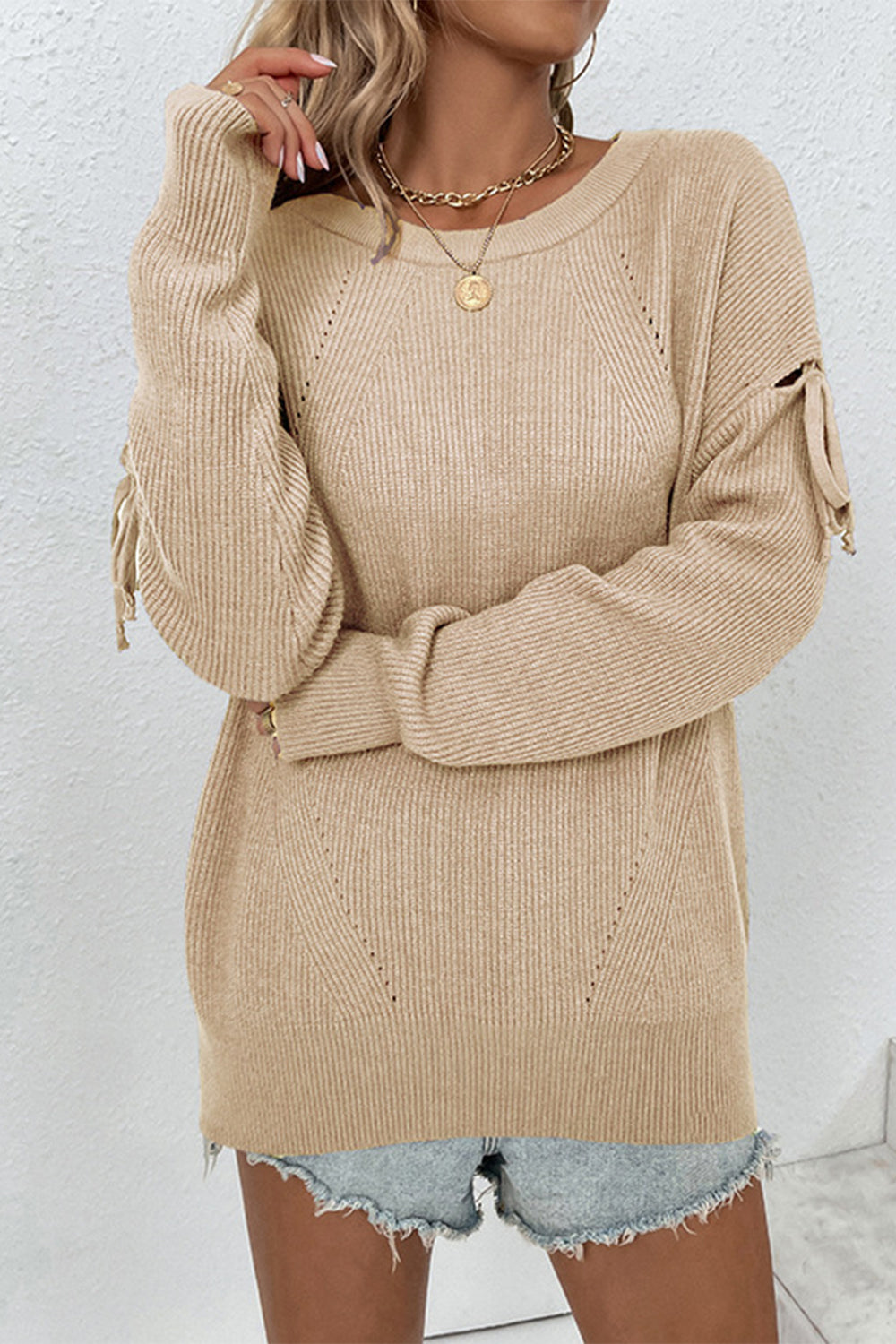 Round Neck Dropped Shoulder Sweater Khaki