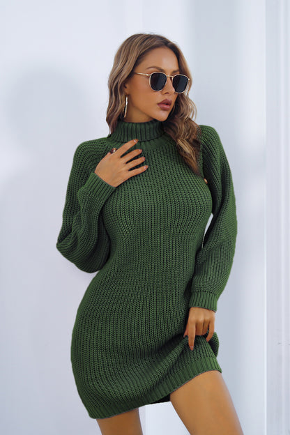 Buttoned Turtleneck Long Sleeve Sweater Dress Green