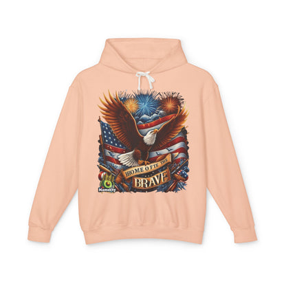 Hooded Sweatshirt - 'Home of the Brave' Bald Eagle Fireworks Illustration Peachy