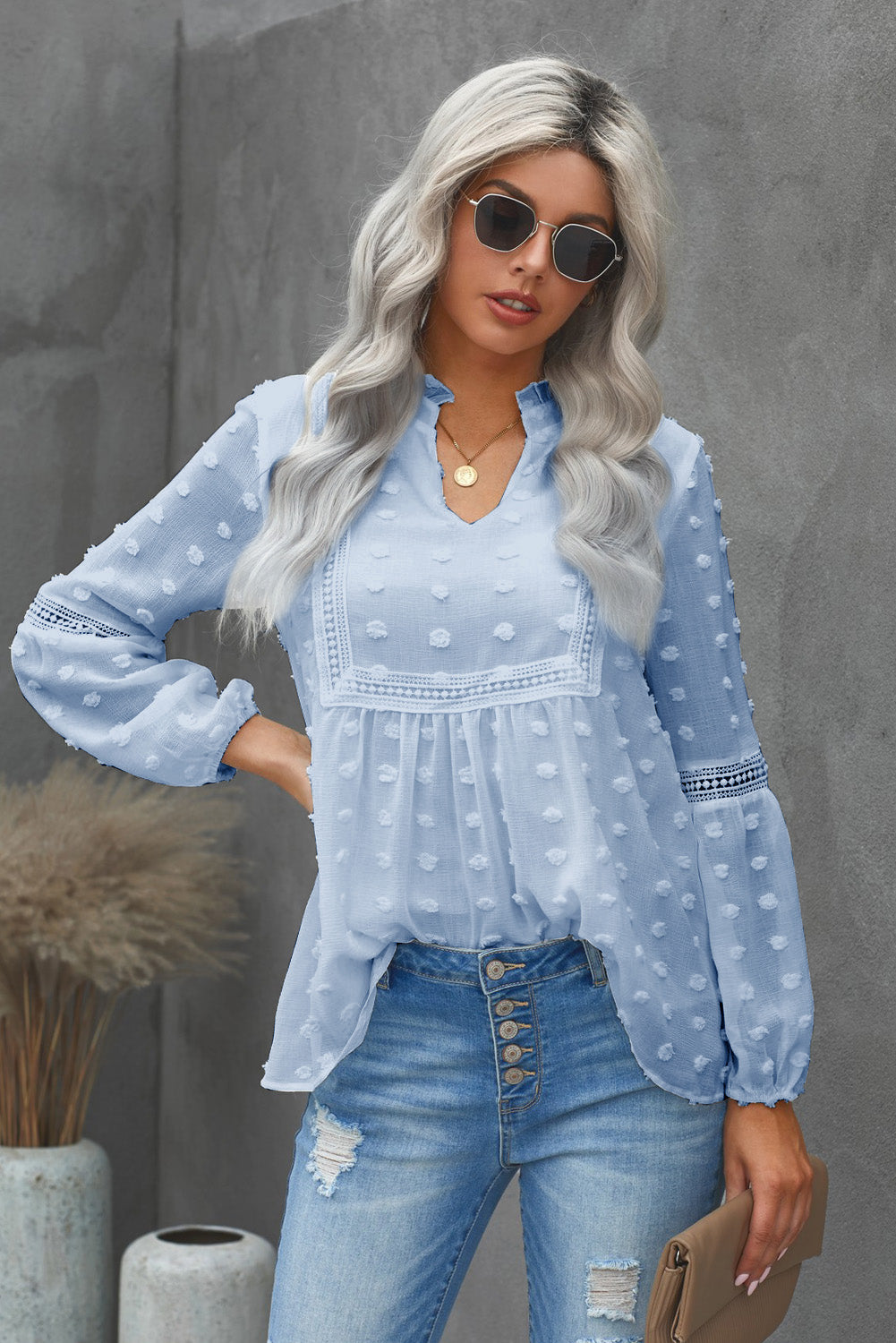 Swiss Dot Frilled Notched Neck Blouse Light Blue