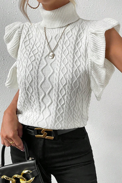 Cable-Knit Turtleneck Cap Sleeve Sweater White