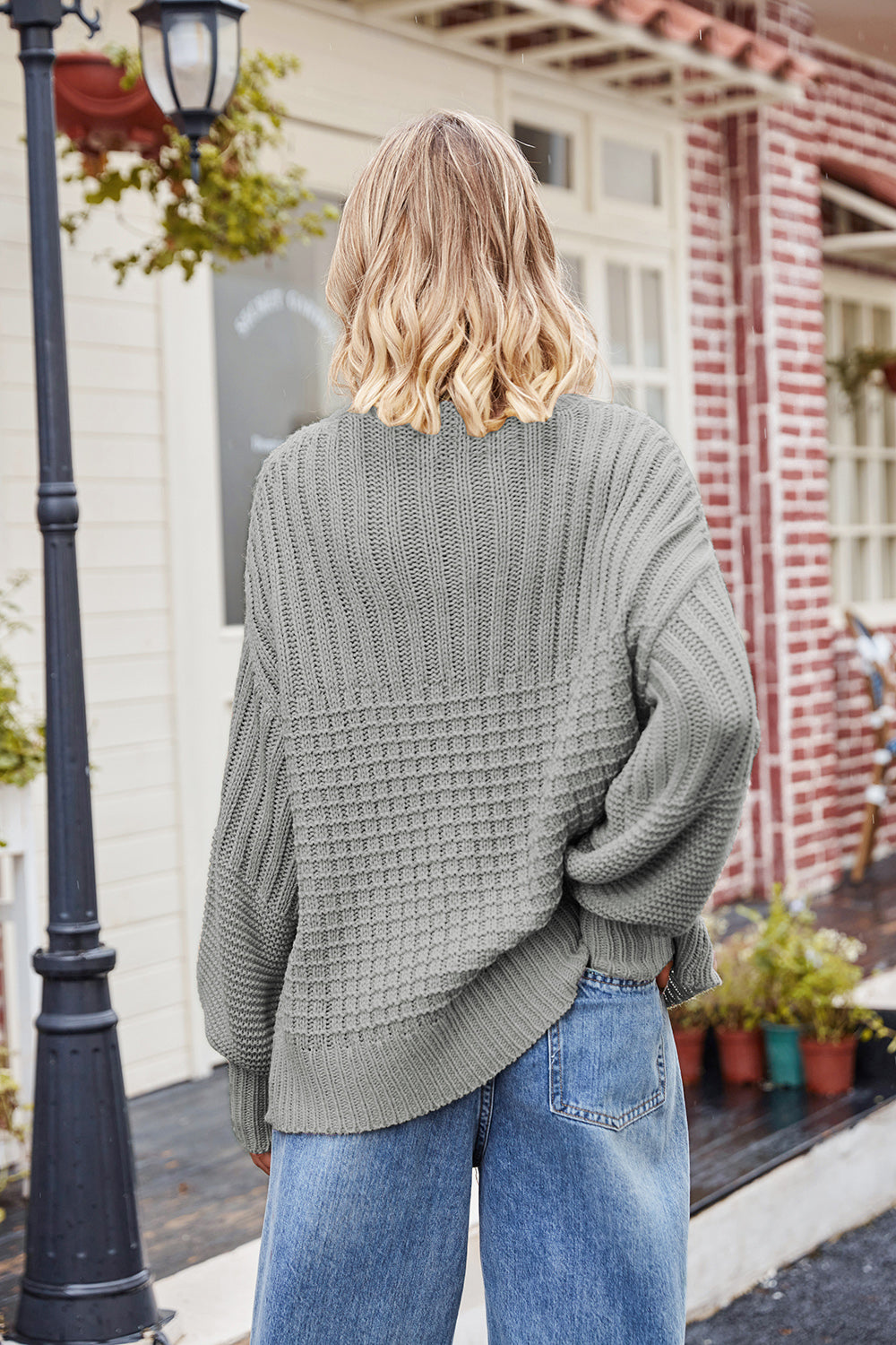 Ribbed Drop Shoulder Lantern Sleeve Sweater