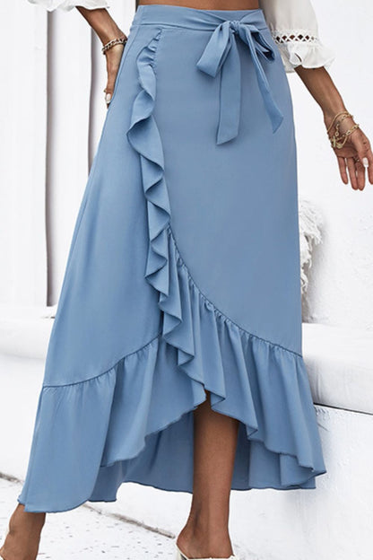 Ruffle Trim Tied Skirt Blue