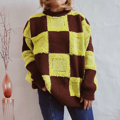 Checkered Round Neck Long Sleeve Sweater Banana Yellow