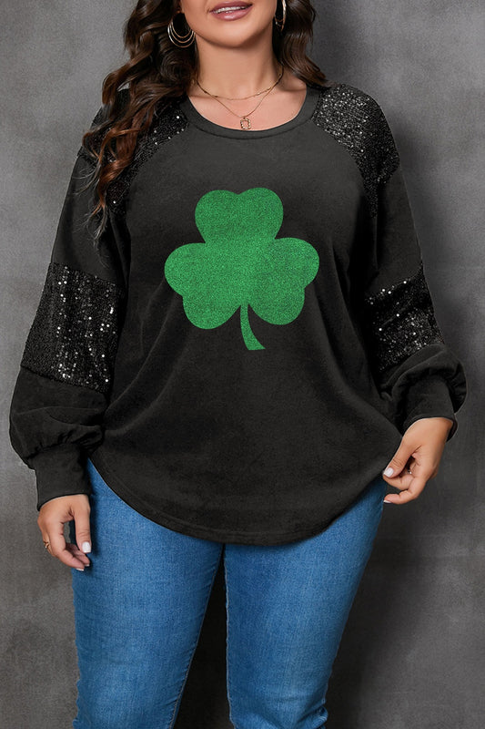 Plus Size Lucky Clover Sequin Round Neck Blouse Black