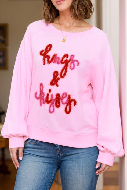 Contrast Letter Round Neck Long Sleeve Sweatshirt Pink