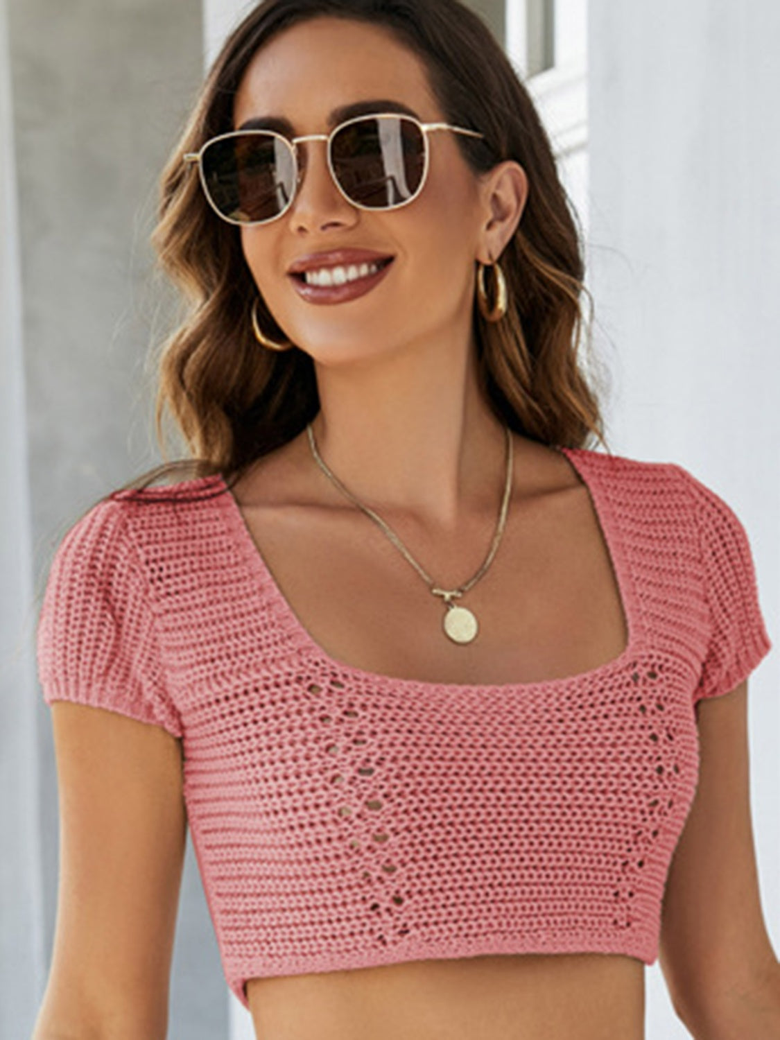 Lace-Up Openwork Square Neck Sweater