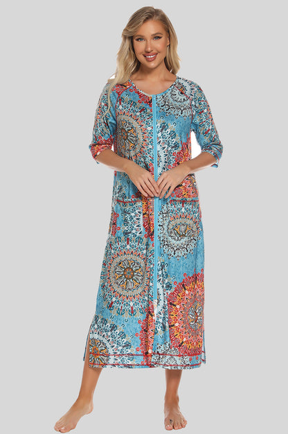 Printed Slit Night Dress with Pockets Azure