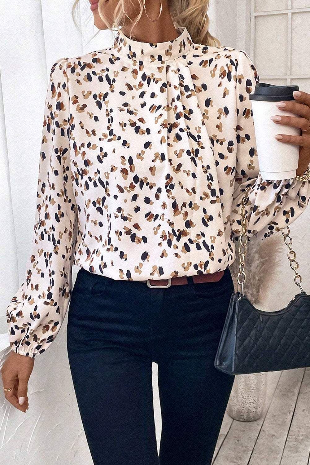 White Leopard Print Lantern Sleeve Mock Neck Pleated Blouse White 100%Polyester