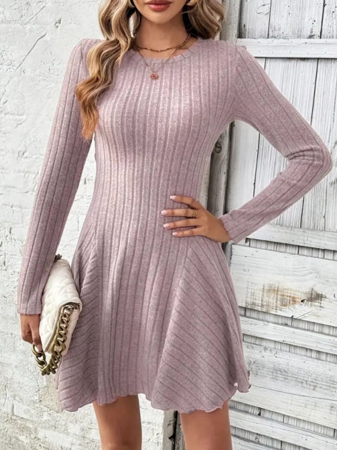 Ribbed Round Neck Long Sleeve Mini Dress Dusty Pink