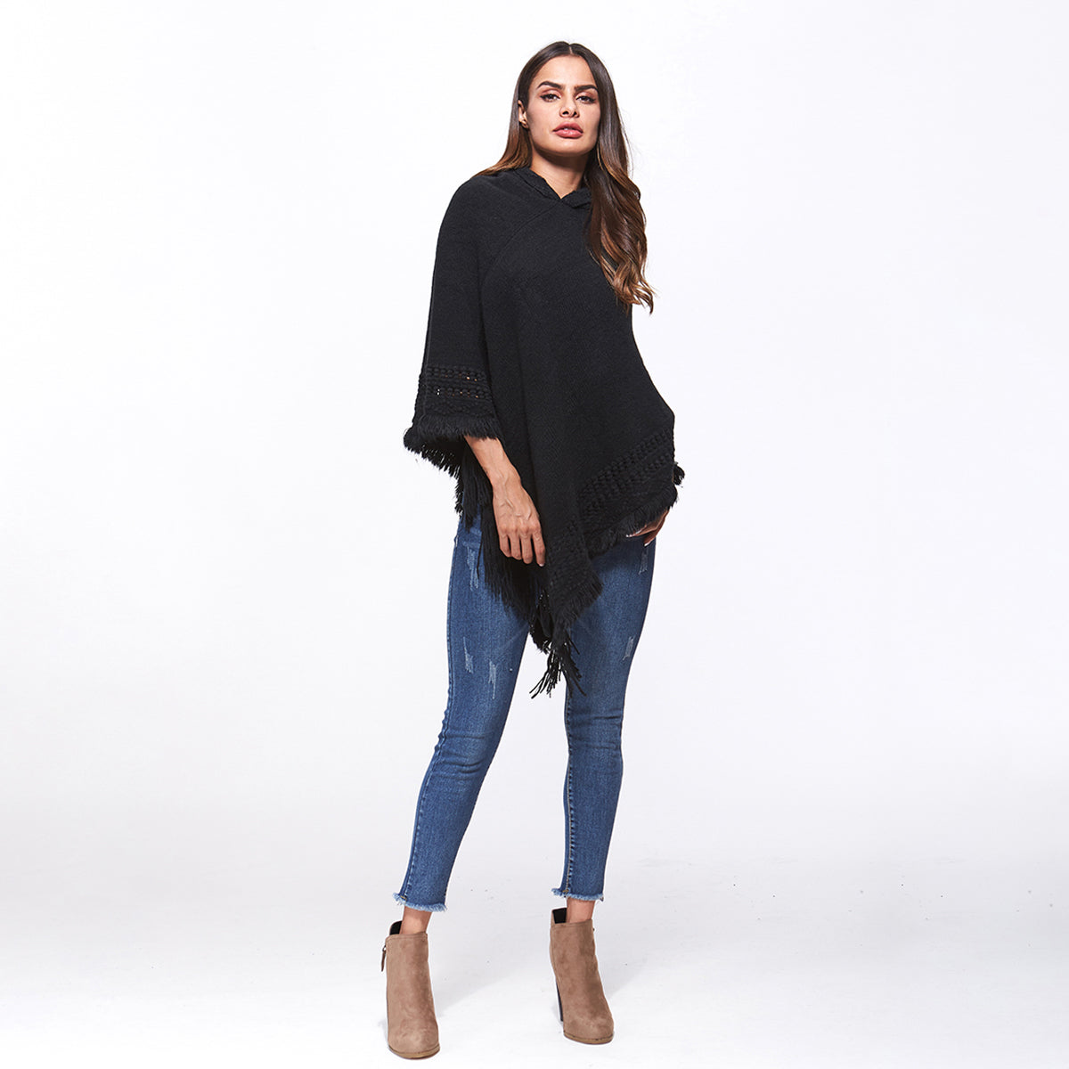 Openwork Fringe Hem Hooded Poncho - Thandynie