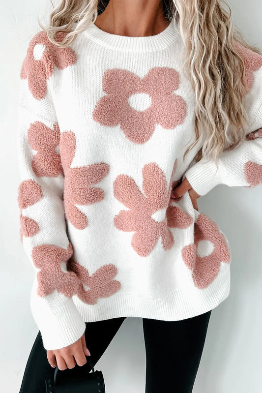 Flower Round Neck Long Sleeve Knit Top White