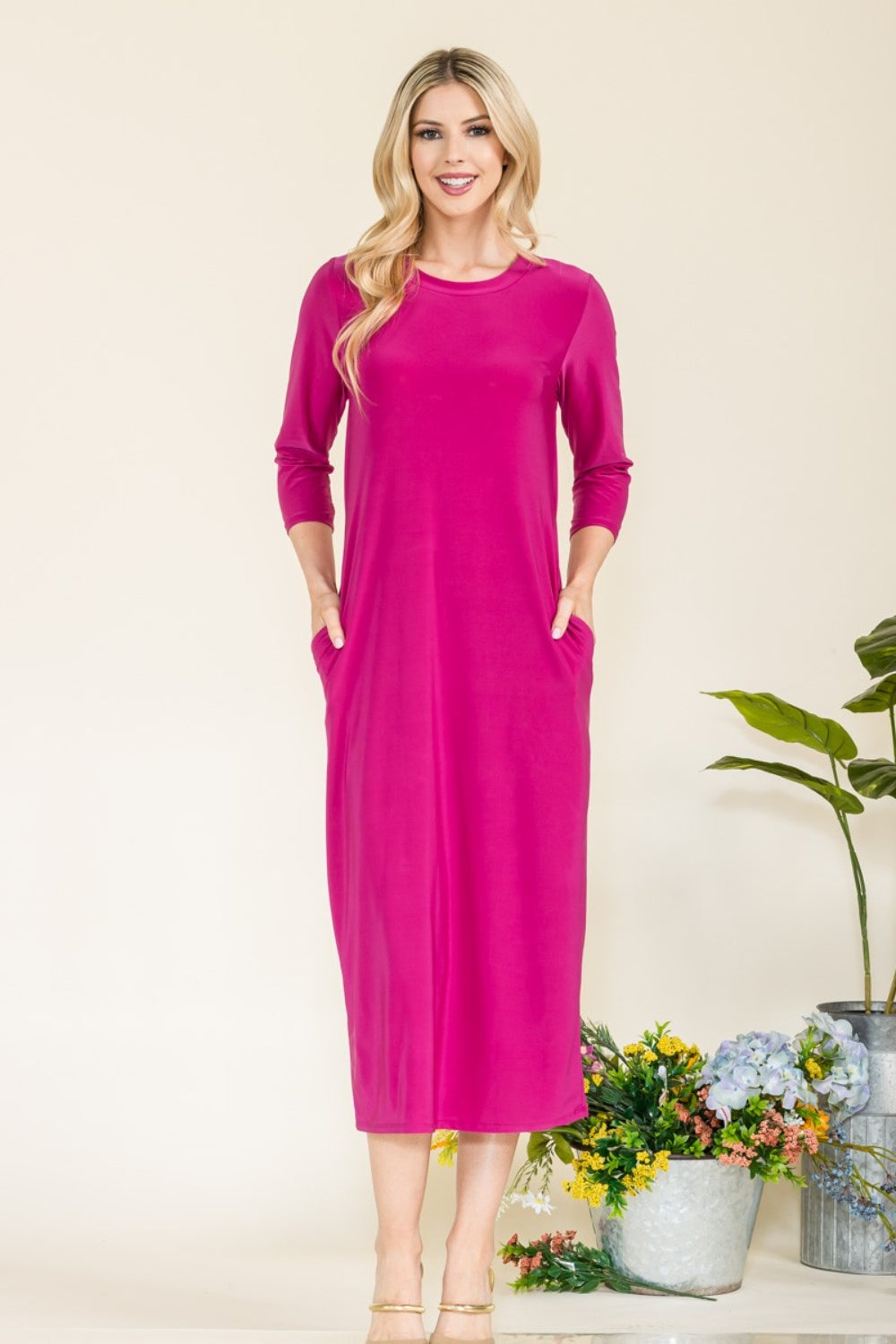 Celeste Full Size Round Neck Midi Dress MAGENTA