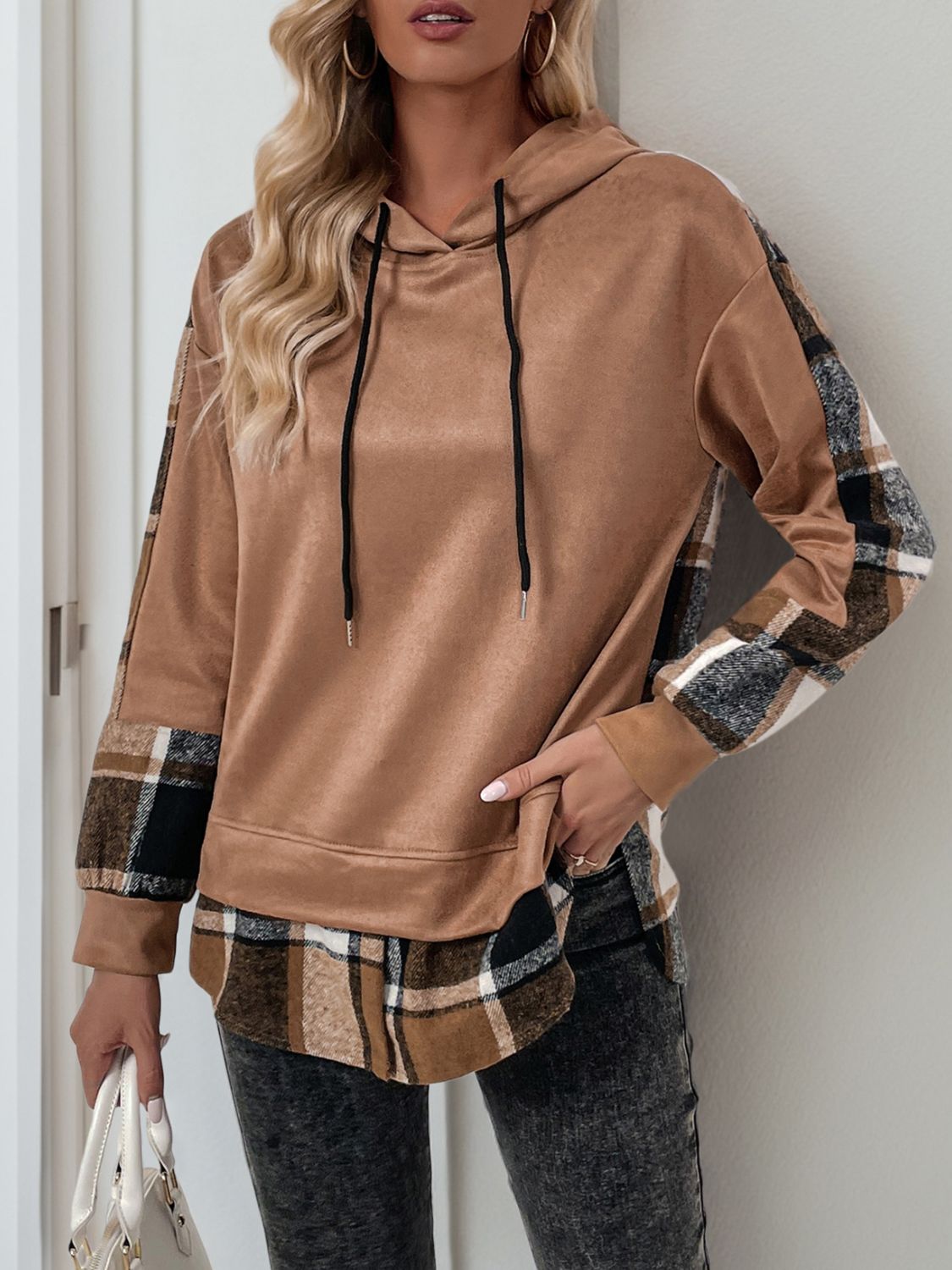 Perfee Drawstring Slit Plaid Long Sleeve Hoodie Camel