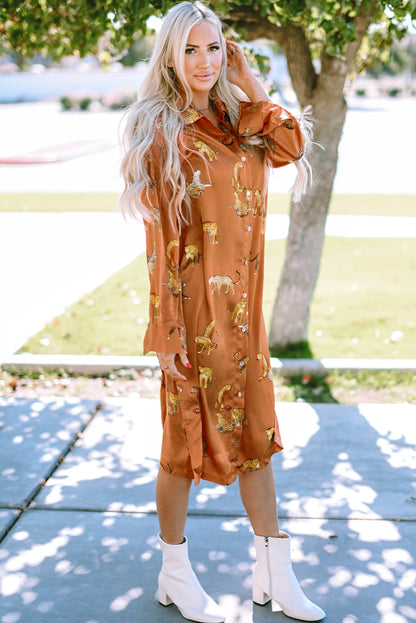 Mustard Cheetah Print Button-Up Split Shirt Dress