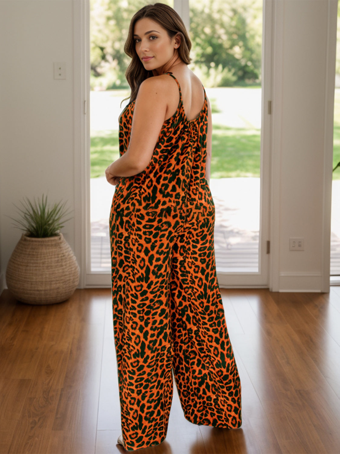 Full Size Leopard Scoop Neck Wide Leg Jumpsuit Terracotta