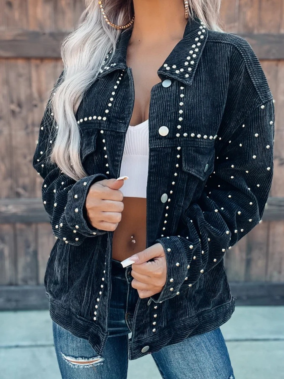 Studded Collared Neck Button Down Jacket - Thandynie