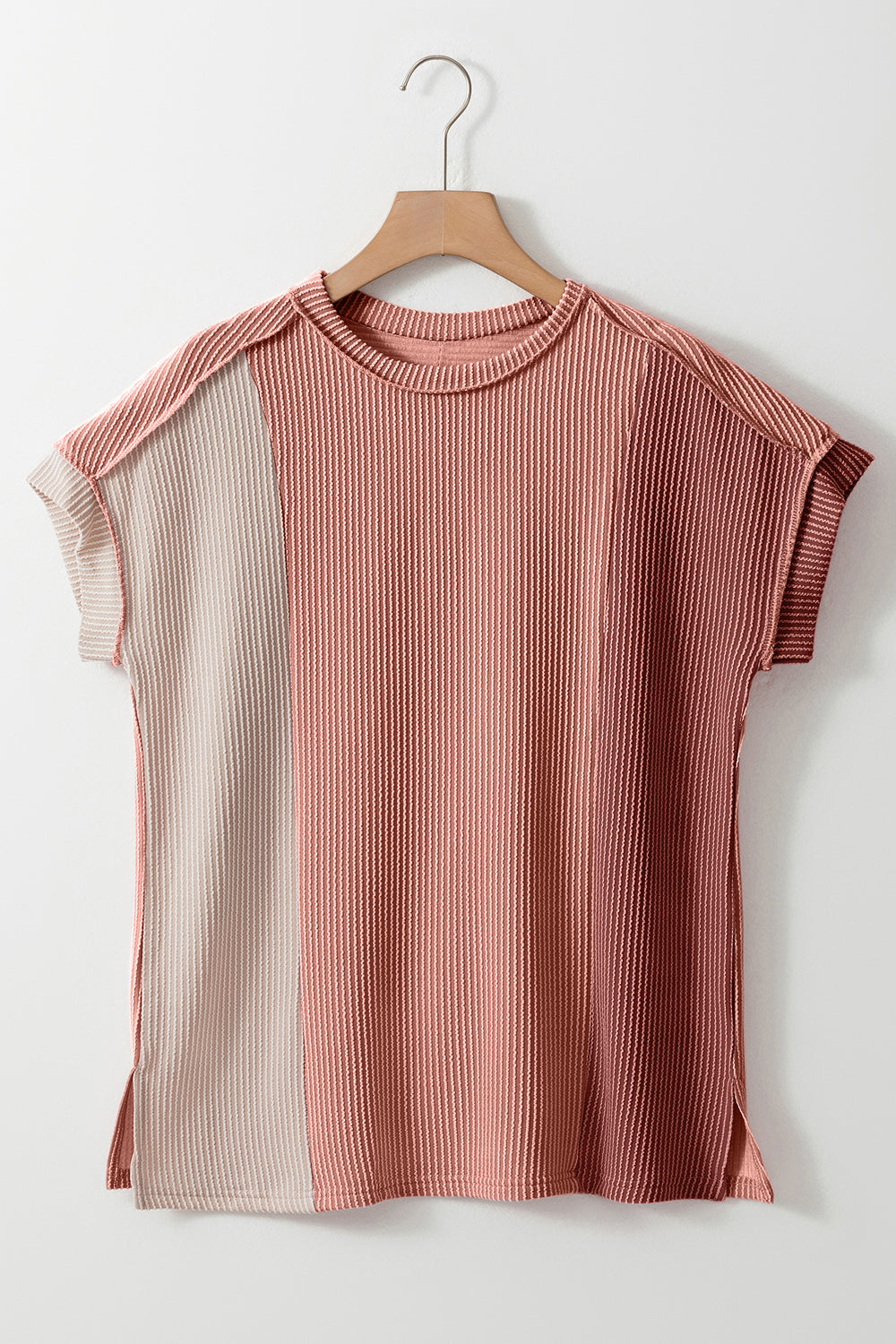 Color Block Round Neck Short Sleeve T-Shirt Dusty Pink