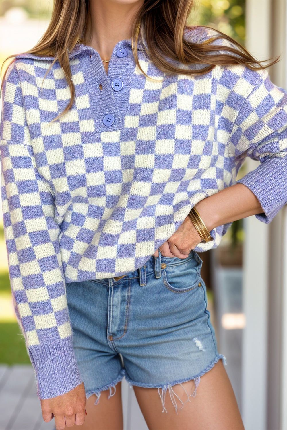 Plus Size Checkered Collared Neck Long Sleeve Sweater Lavender