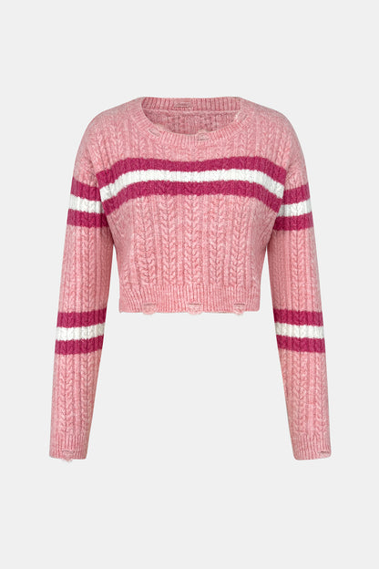 Cable-Knit Striped Dropped Shoulder Sweater Dusty Pink