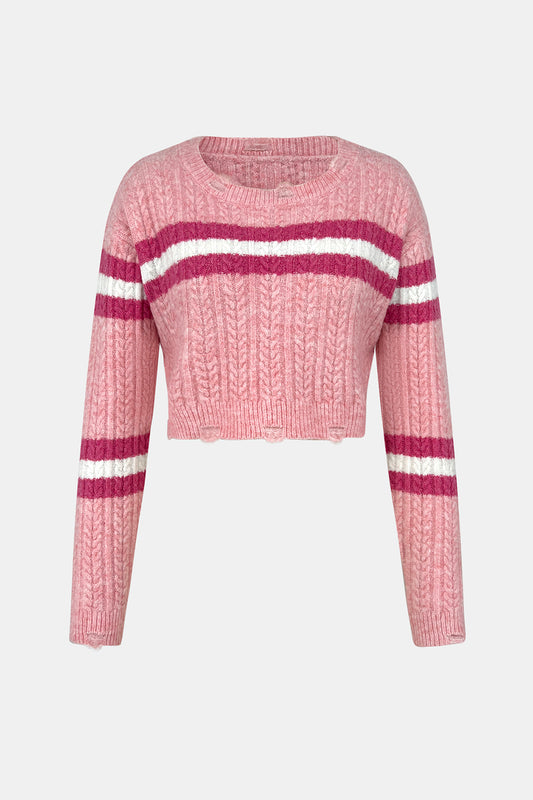 Cable-Knit Striped Dropped Shoulder Sweater Dusty Pink