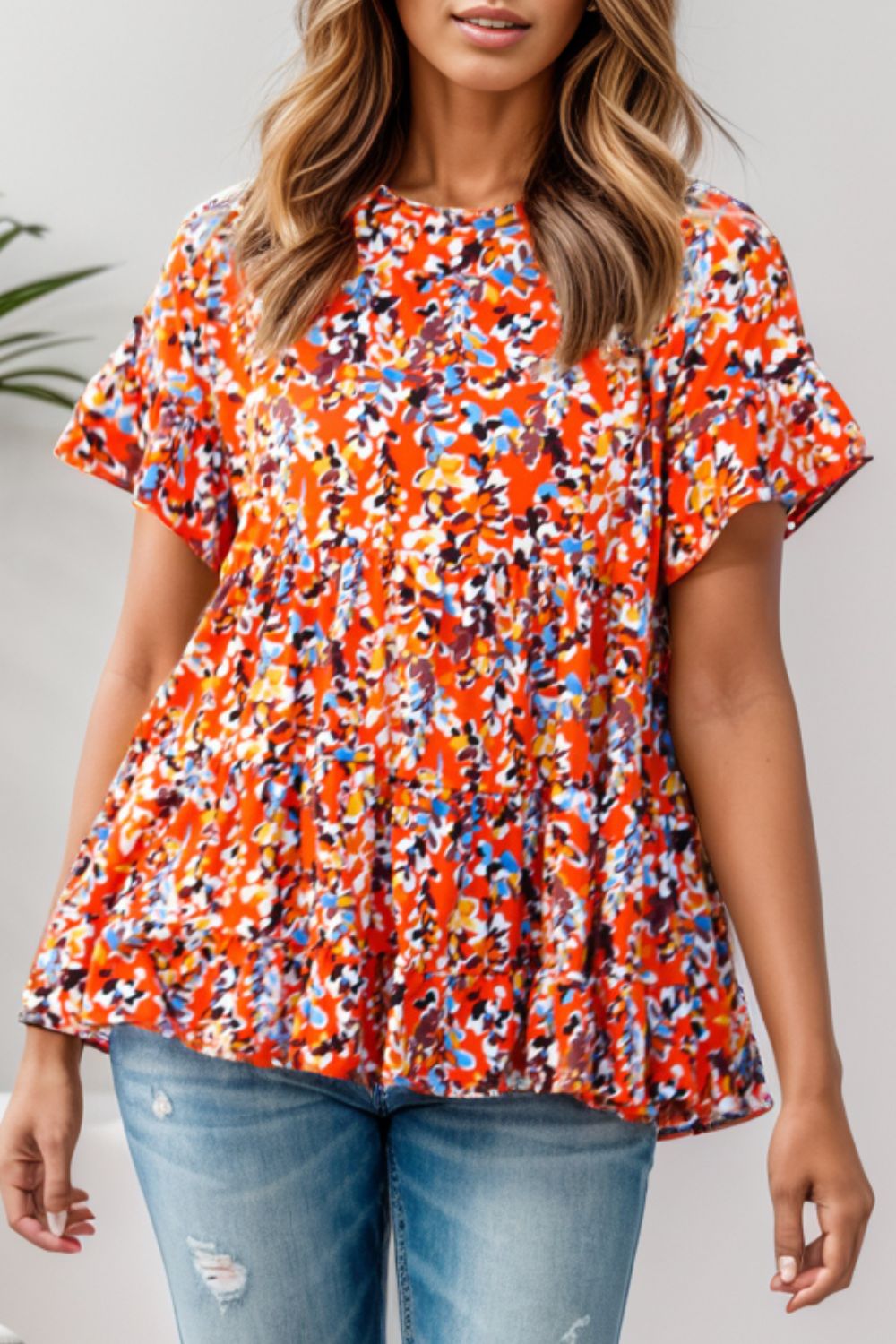 Plus Size Floral Round Neck Tiered Blouse Multicolor