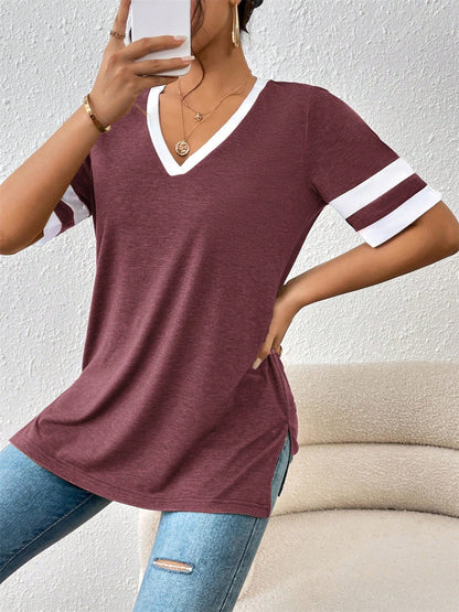 Contrast Trim V-Neck Short Sleeve T-Shirt