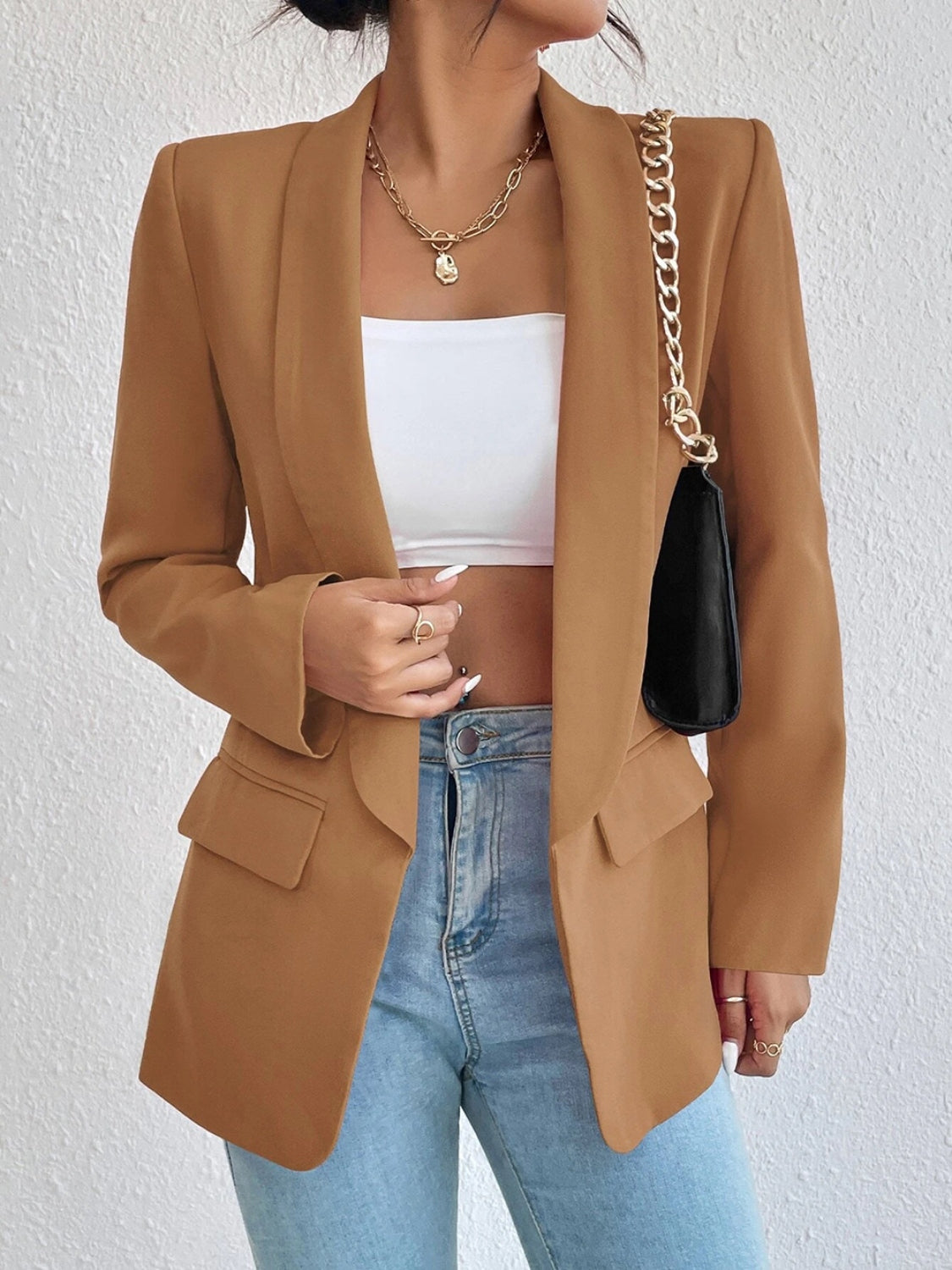 Shawl Collar Long Sleeve Blazer Khaki