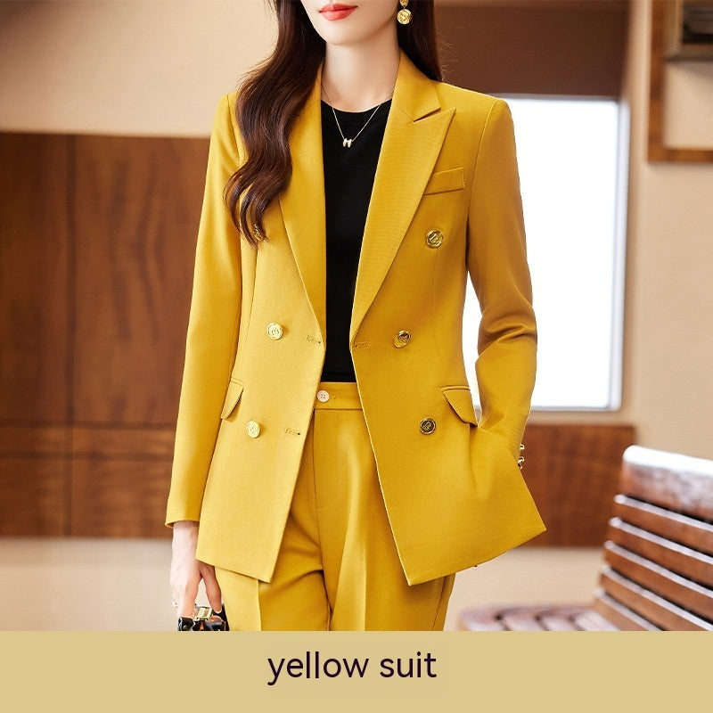 Caramel Suit Women's Fashion Temperament Double Breasted High Sense Slim Fit Suits Yellow Suit