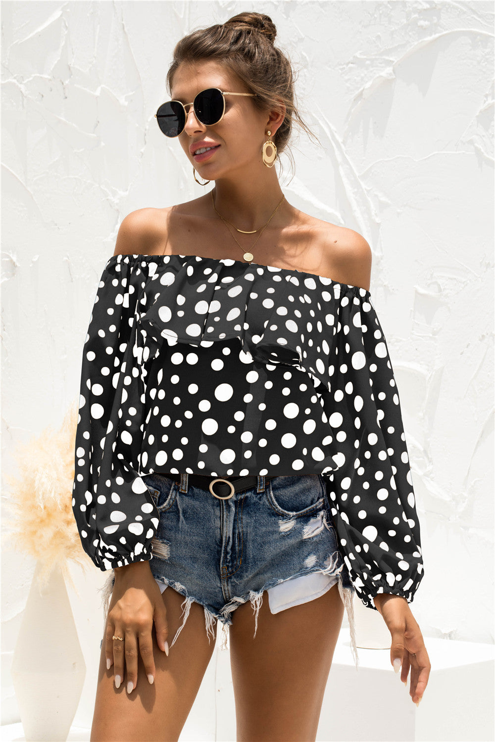 Polka Dot Off-Shoulder Layered Blouse - Thandynie