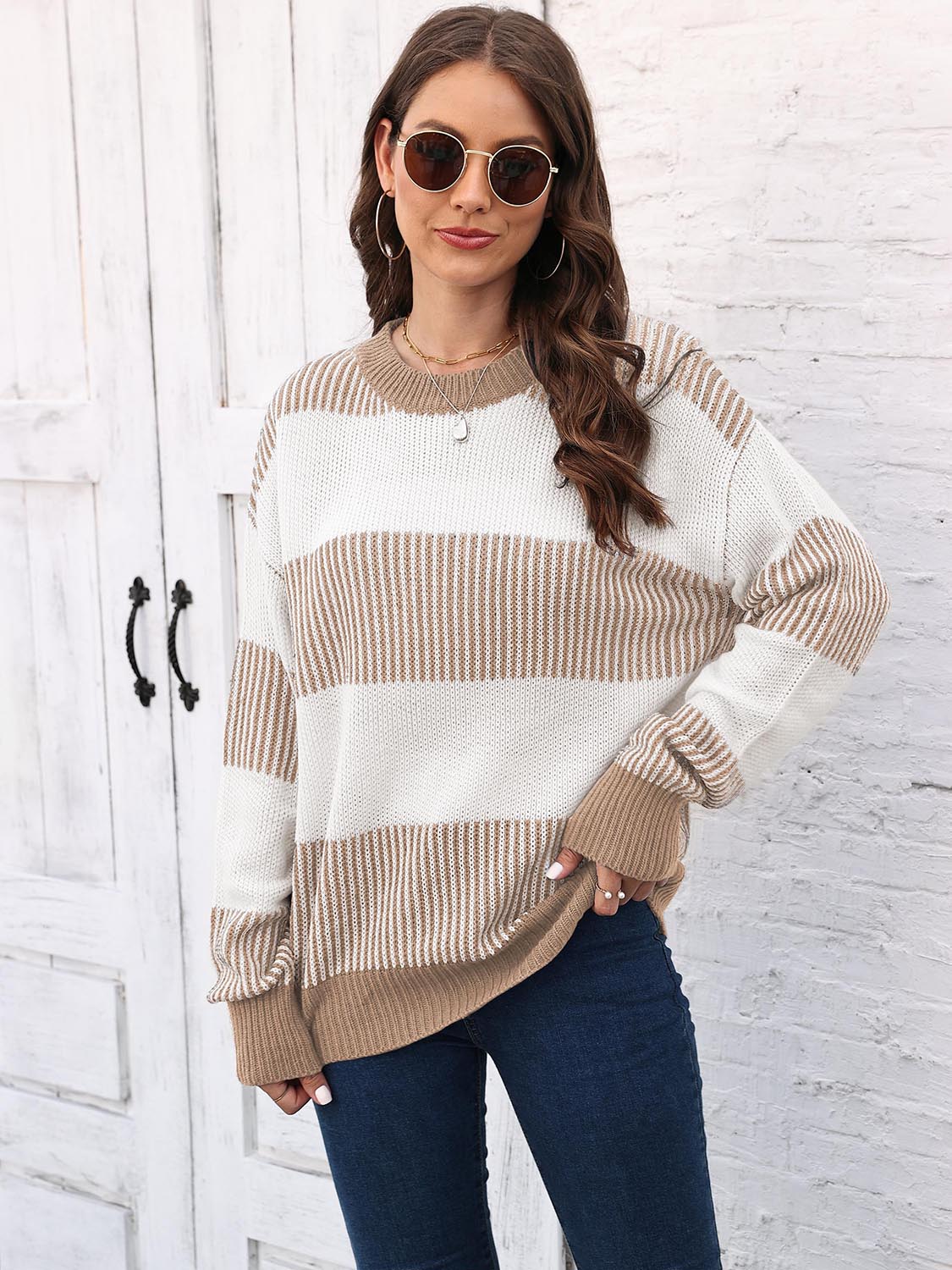 Full Size Round Neck Drop Shoulder Sweater Khaki