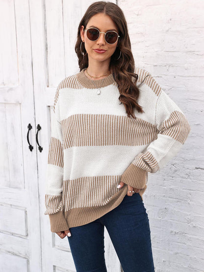 Full Size Round Neck Drop Shoulder Sweater Khaki