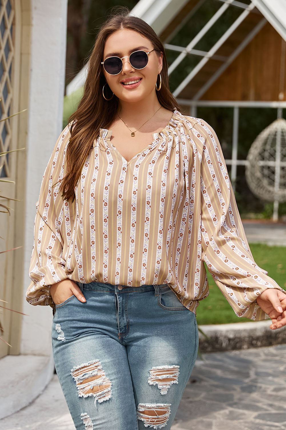 Plus Size Striped Notched Neck Blouse Khaki