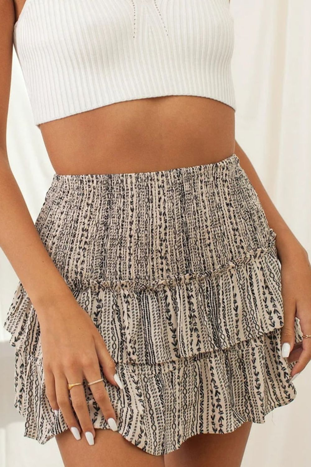 Printed Frill Trim Smocked Mini Skirt Khaki