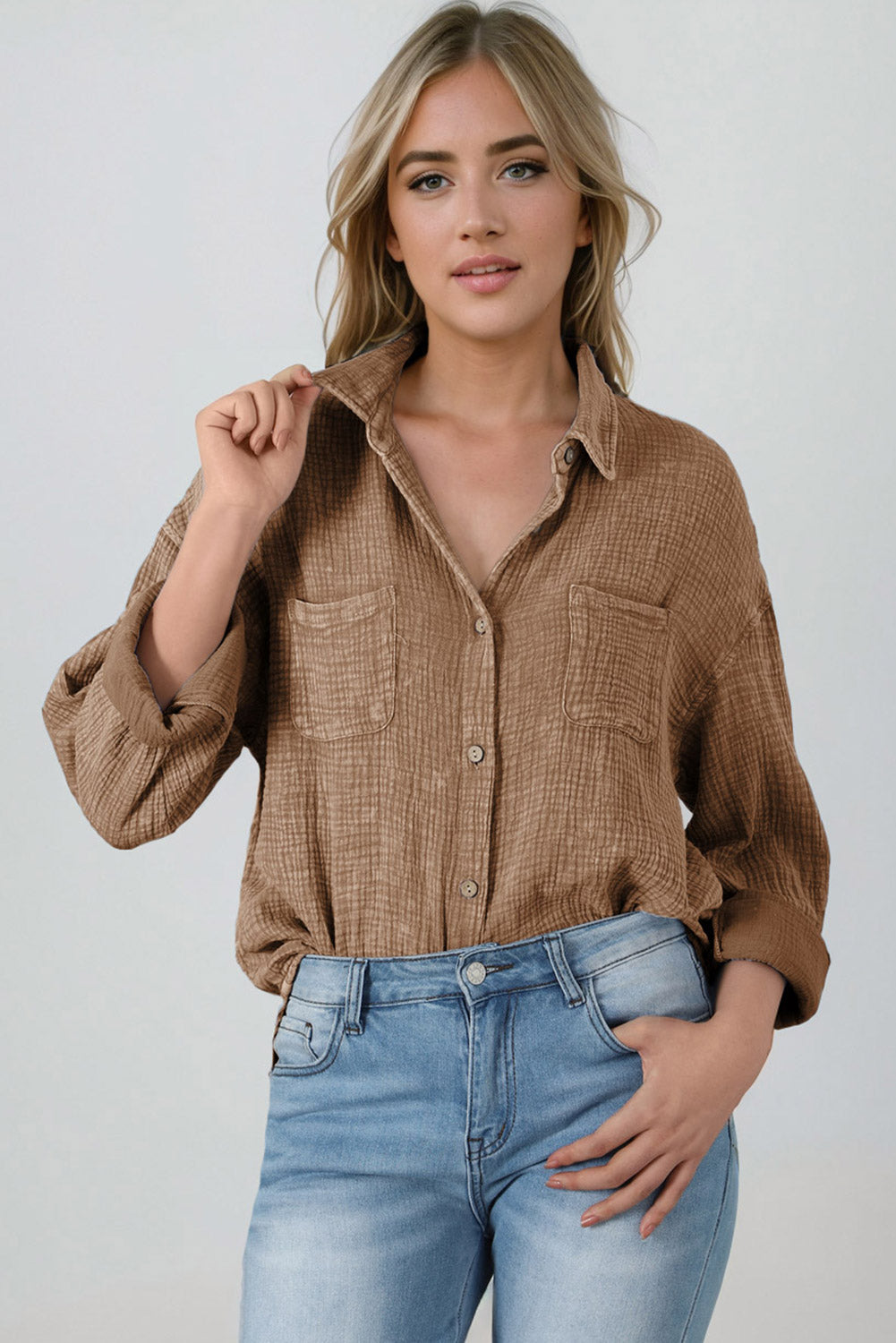 Mineral Wash Crinkle Textured Chest Pockets Shirt