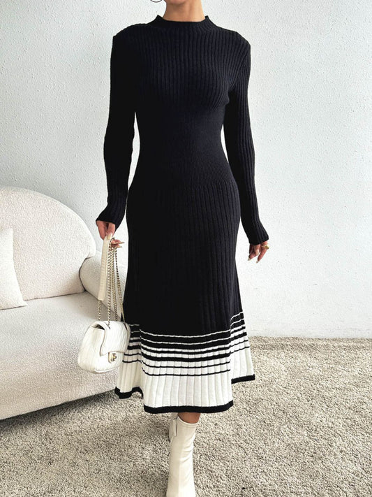 Contrast Mock Neck Long Sleeve Sweater Dress Black