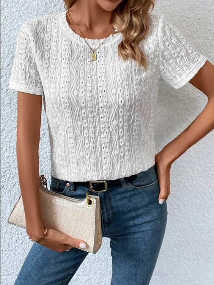 Eyelet Round Neck Short Sleeve T-Shirt White