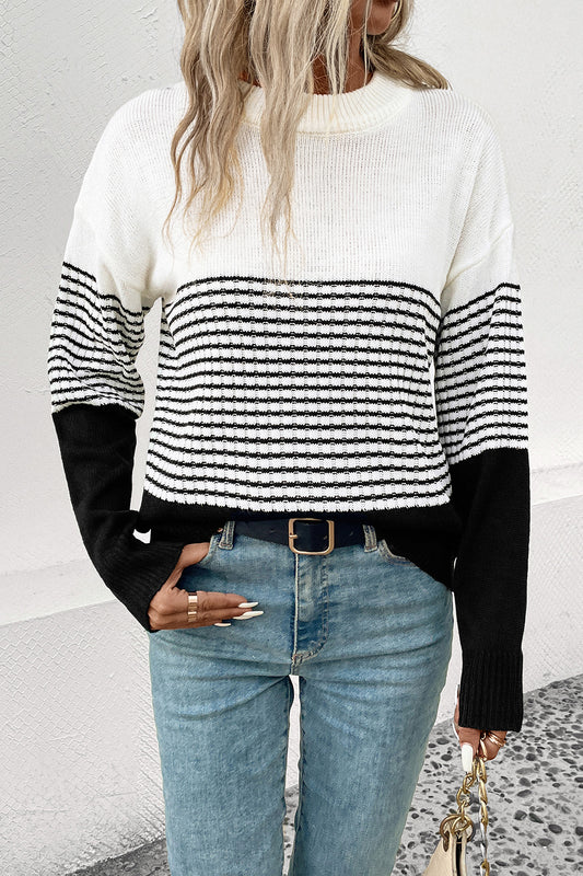 Striped Drop Shoulder Sweater White