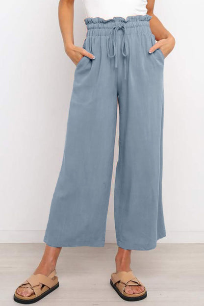 Drawstring Paperbag Waist Wide Leg Pants Light Blue