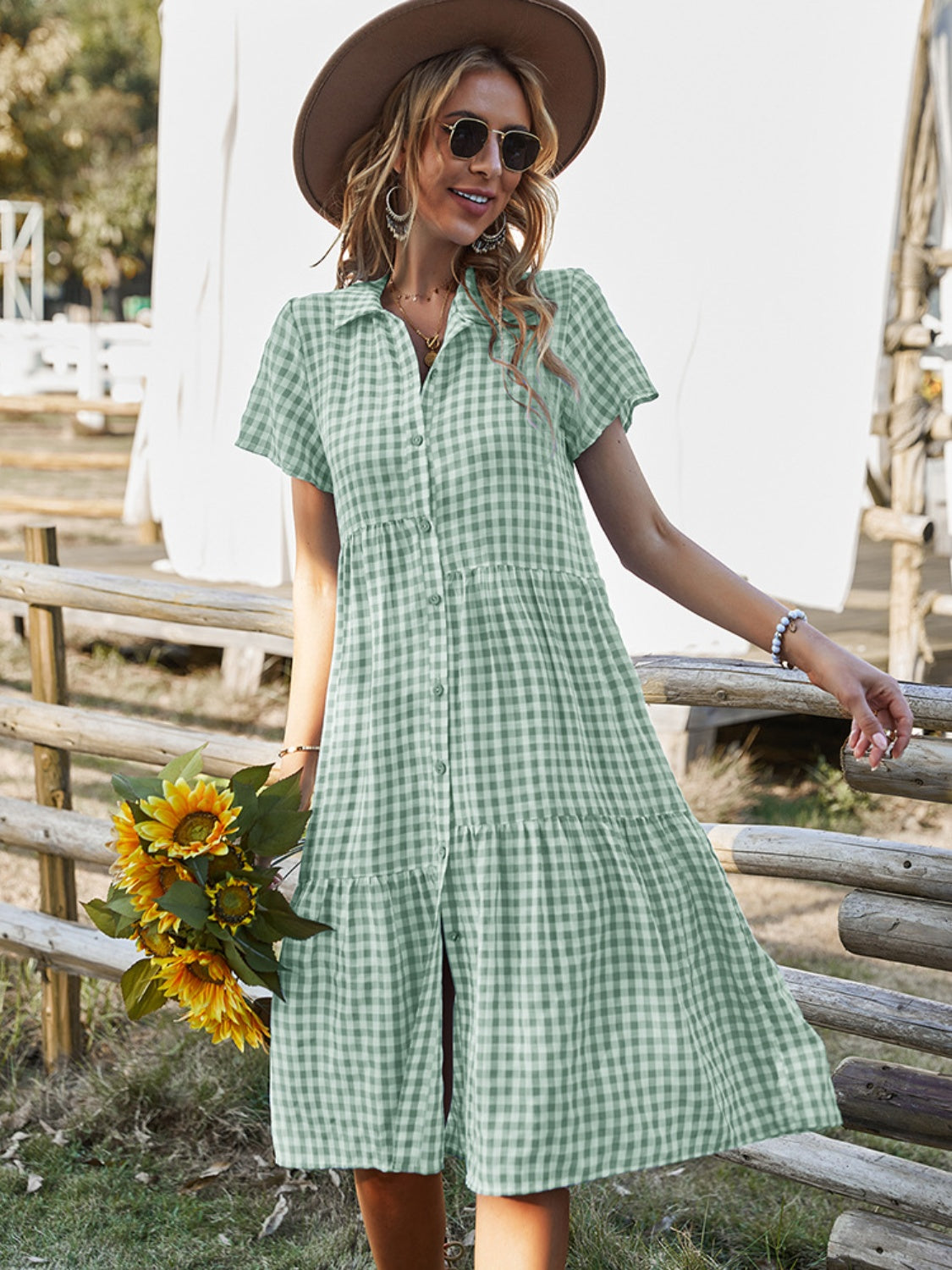 Button Up Plaid Short Sleeve Midi Dress Gum Leaf