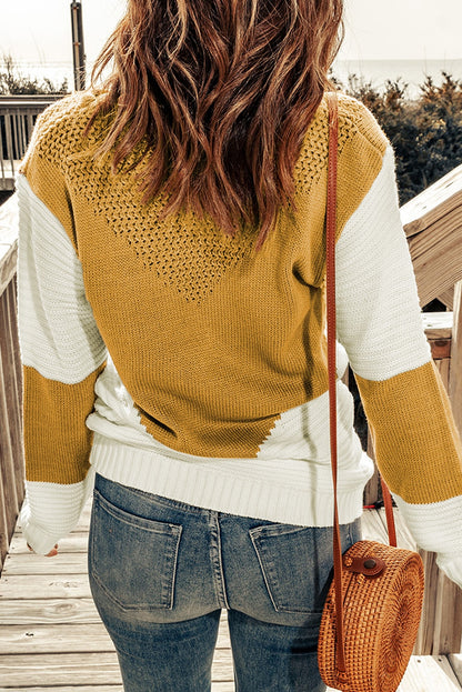 Woven Right Two-Tone Openwork Rib-Knit Sweater