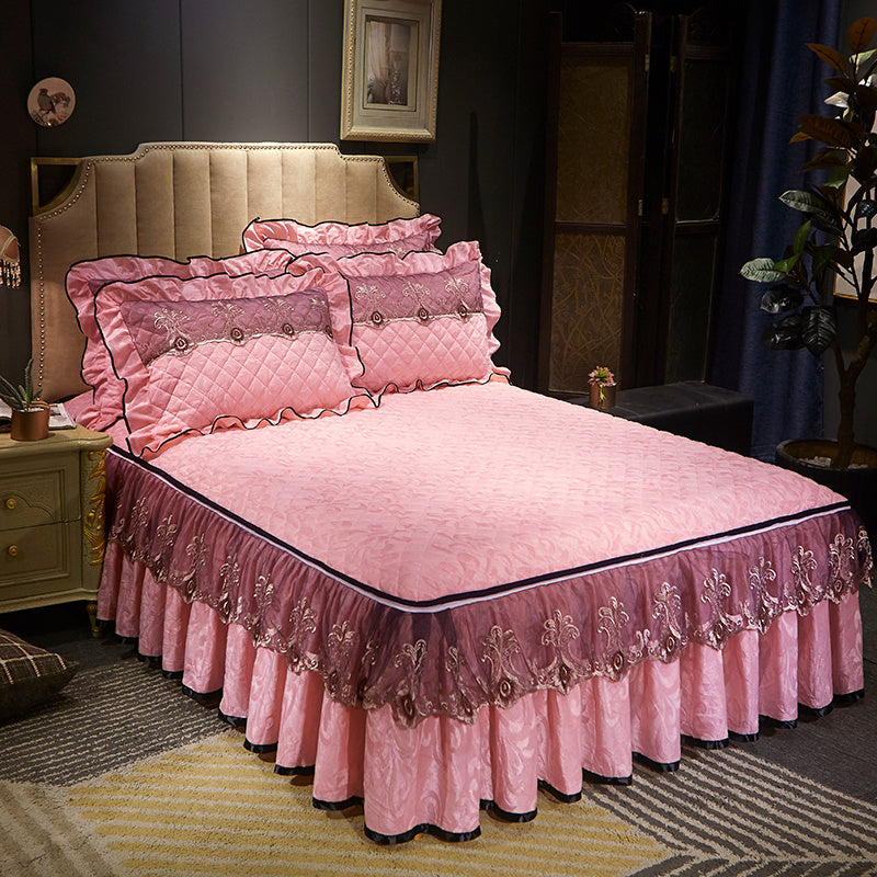 Detachable Skirt-style Non-slip Bed Cover Dustproof Pink jade