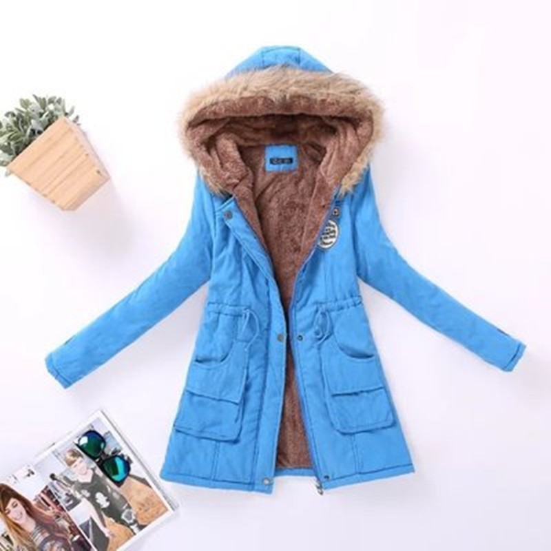 Long Women's Cotton-Padded Jacket With Wool Collar Lake blue